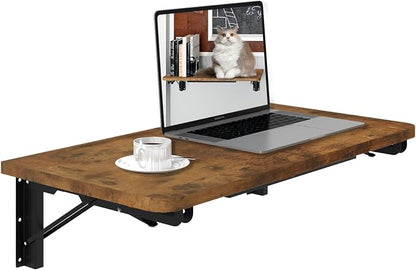 TEAMIX Wall Mounted Folding Table, Rustic Brown Floating Wall Desk by TEAMIX