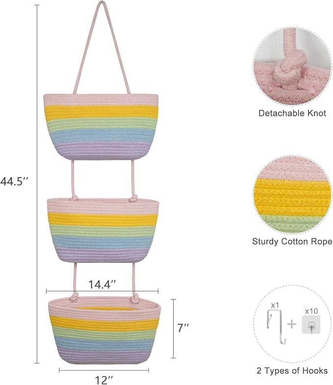 TeoKJ Over the Door Hanging Basket, 3-Tier Woven Cotton Wall-Mounted Storage - Image 5