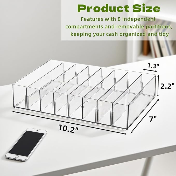 Covzoe 2 Pack Clear Cash Organizer Tray, 8 Adjustable Compartments Plastic Bill - Image 2