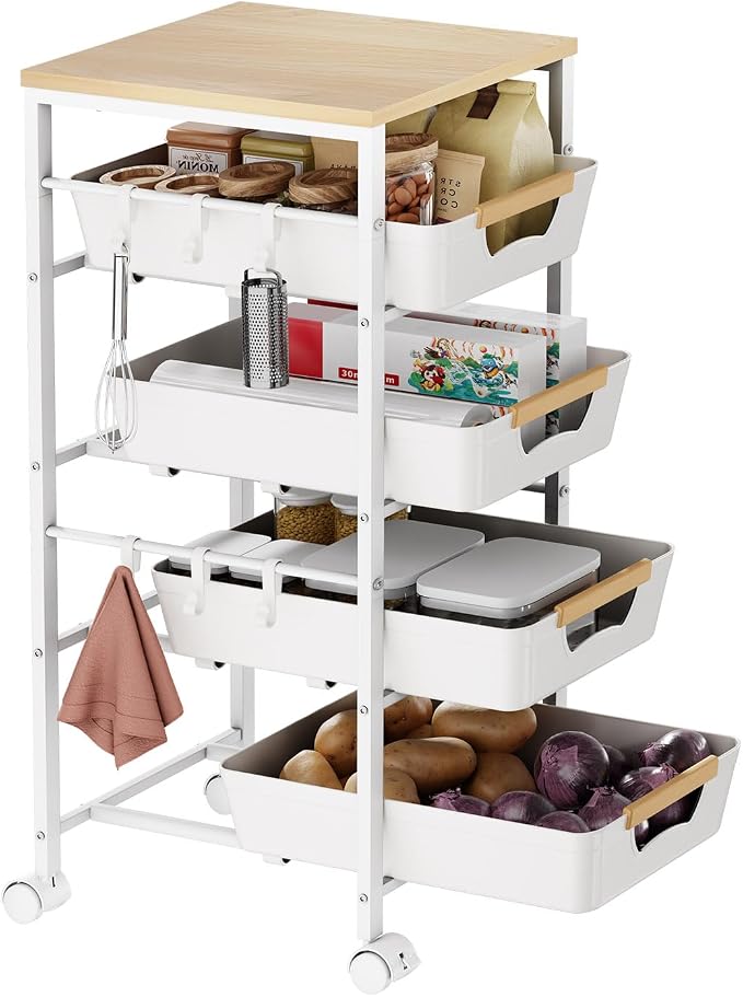 5-Tier Kitchen Storage Cart, Wood Top Rolling Cart Organizer by Unknown
