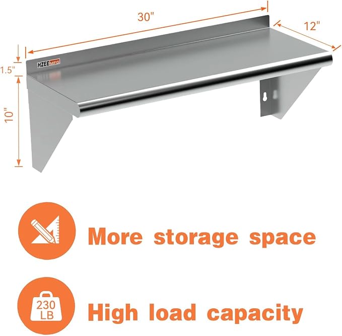 NSF Stainless Steel Wall Mounted Shelf 12 x 30 inch Heavy Duty 250 lbs Metal - Image 3