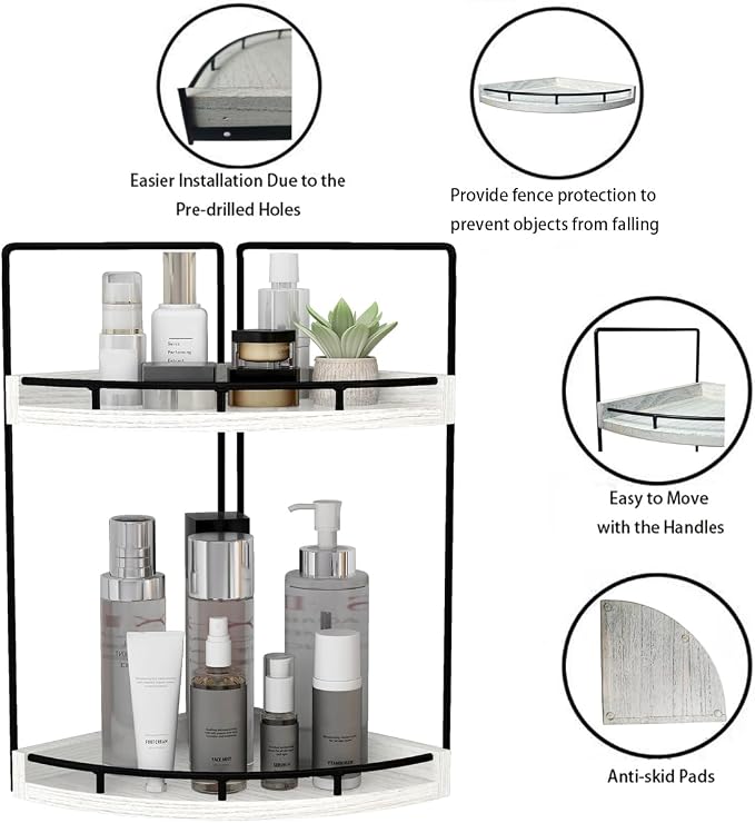 Dorhors 2-Tier Rustic White Corner Bathroom Shelf - Image 4