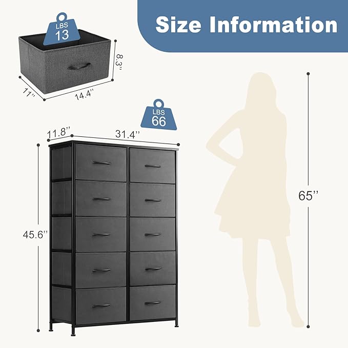 DUMOS 10 Drawer Dresser for Bedroom, Storage Organizer Chest of Drawers | Wide - Image 3