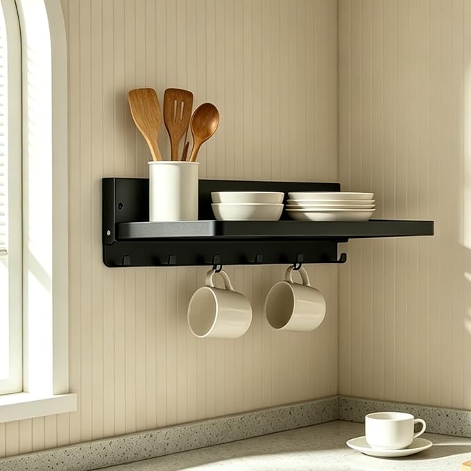 Small Folding Metal Shelf with Hooks, Fold-up Wall Shelf, 6 Hooks, Drop Down - Image 2