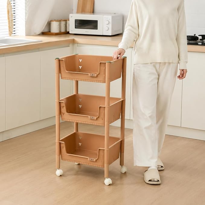 3 Tier Cart for Classroom, Khaki Resin Rolling Storage Cart, Mobile Utility Cart - Image 2