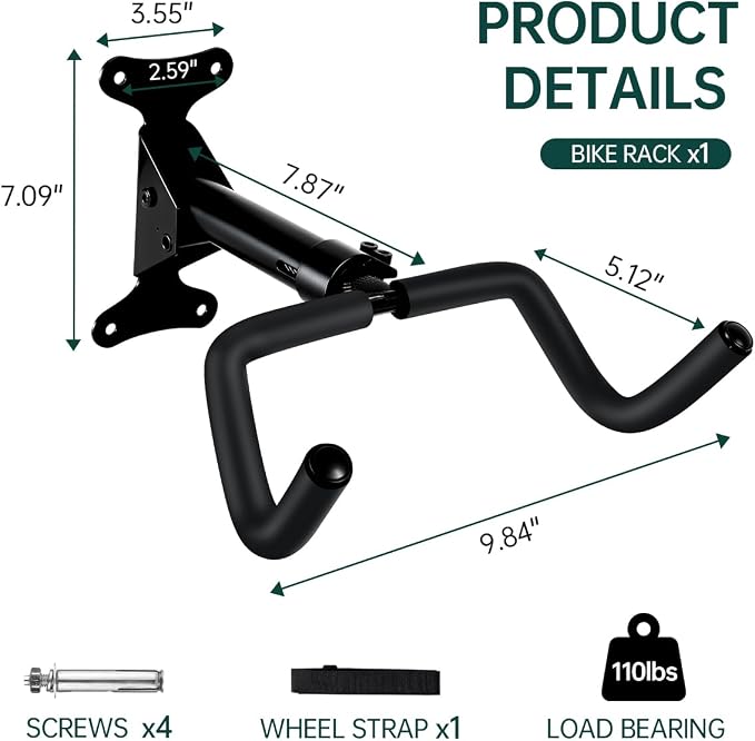 Black Bike Wall Mount Hanger Adjustable Space Saving Horizontal Bicycle Rack - Image 7