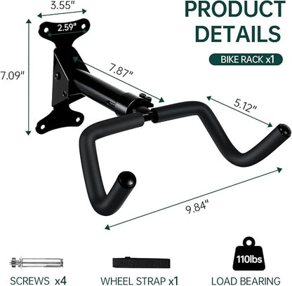 Black Bike Wall Mount Hanger Adjustable Space Saving Horizontal Bicycle Rack - Image 7