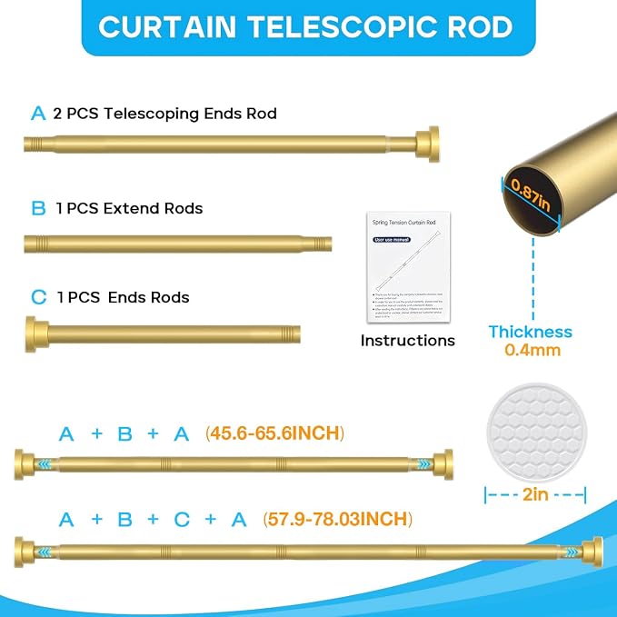 1Pack Gold Spring Tension Curtain Rod 45-78 Inches, 7/8" Diameter Adjustable - Image 2