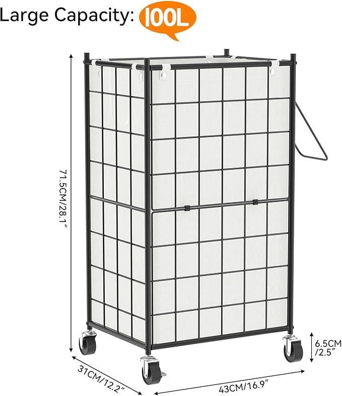 WOWLIVE Laundry Hamper with Wheels, Metal Wire Frame Rolling Laundry Basket - Image 4