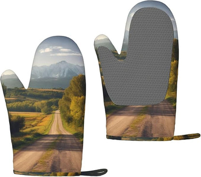 Countryside Road Print Oven Mitts Set of 2, Heat Resistant Silicone Oven by Unknown