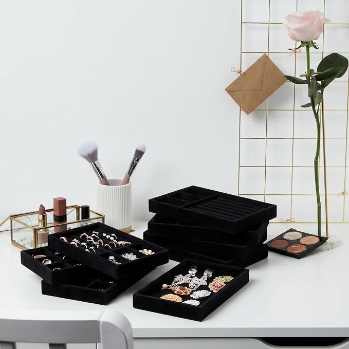 Elsjoy 8 Pack 4 Styles Black Velvet Jewelry Trays, Jewelry Organizer Tray - Image 8
