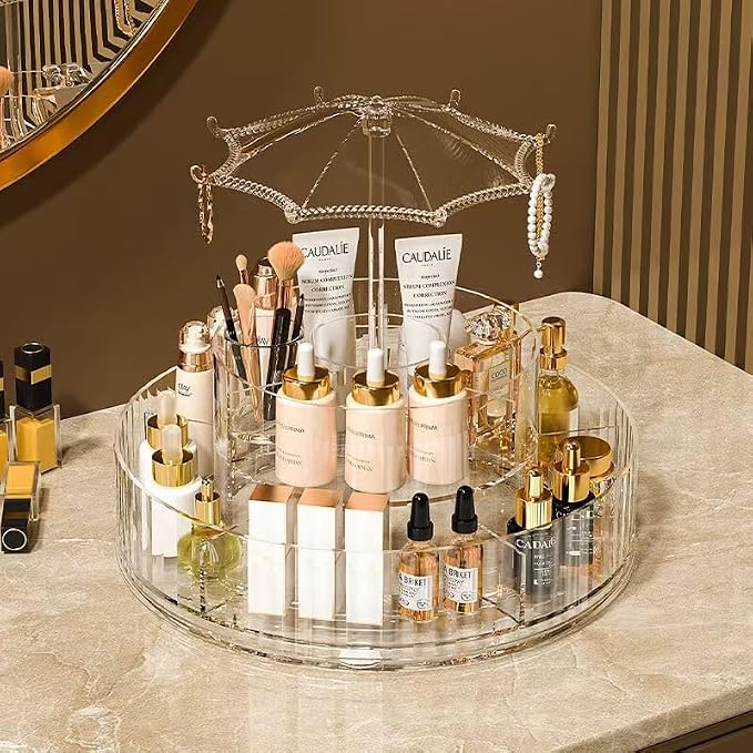 Clear Acrylic Rotating Cosmetic Organizer Umbrella Design, 360° Makeup Storage - Image 5
