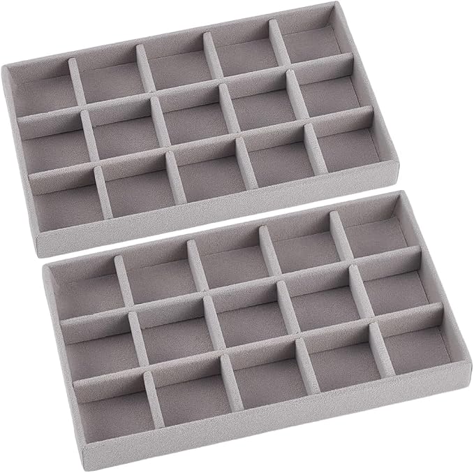 2Pcs 5 x 8.3 Inch Jewelry Drawer Inserts Velvet Jewelry Tray Gray 15 Grids by SOFPLATE
