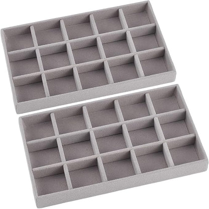 2Pcs 5 x 8.3 Inch Jewelry Drawer Inserts Velvet Jewelry Tray Gray 15 Grids by SOFPLATE