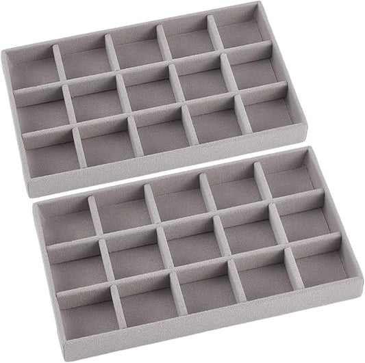 2Pcs 5 x 8.3 Inch Jewelry Drawer Inserts Velvet Jewelry Tray Gray 15 Grids by SOFPLATE