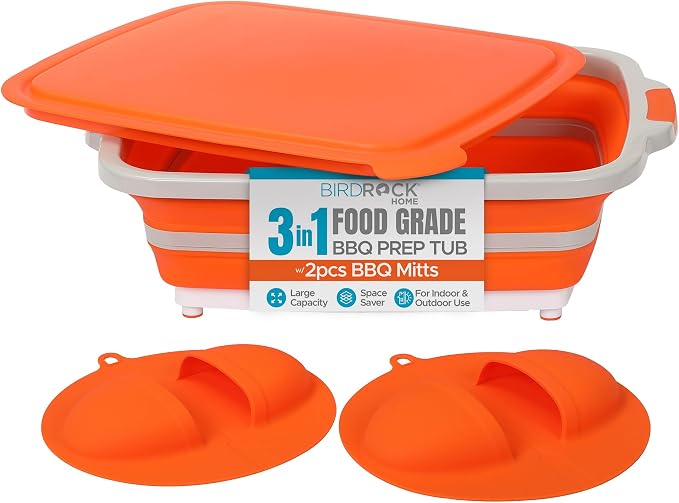 BIRDROCK HOME Collapsible Large BBQ Prep Tub w/Cutting Board, Portable Silicone by BIRDROCKHOME