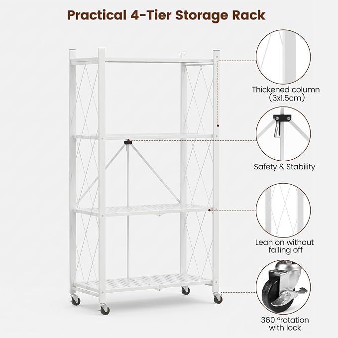 ALANNG 4 Tier Folding Storage Shelf on Wheels, Heavy Duty Metal Rolling Cart | - Image 10