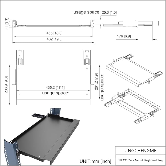 JINGCHENGMEI 1U Keyboard Tray 8" Deep -Universal 19" Rack Mount Sliding Shelf - Image 4