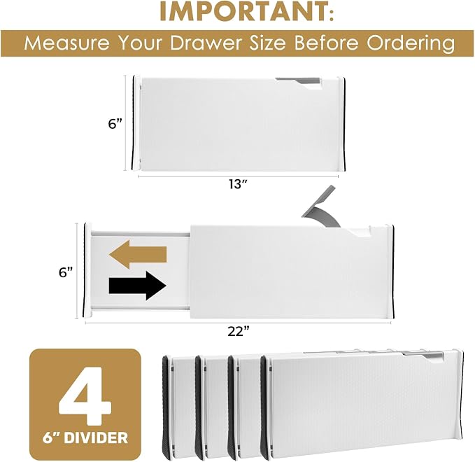 RAPTUROUS Adjustable Deep Drawer Divider – 6" Tall, Expandable 13-22", Non-Slip - Image 2