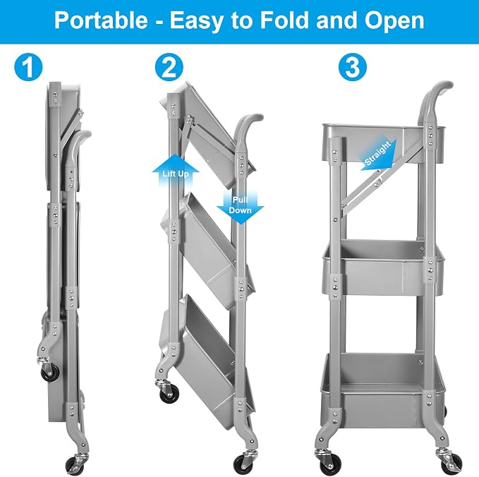 Foldable 3 Tier Metal Utility Rolling Cart, Folding Mobile Multi-Function - Image 2