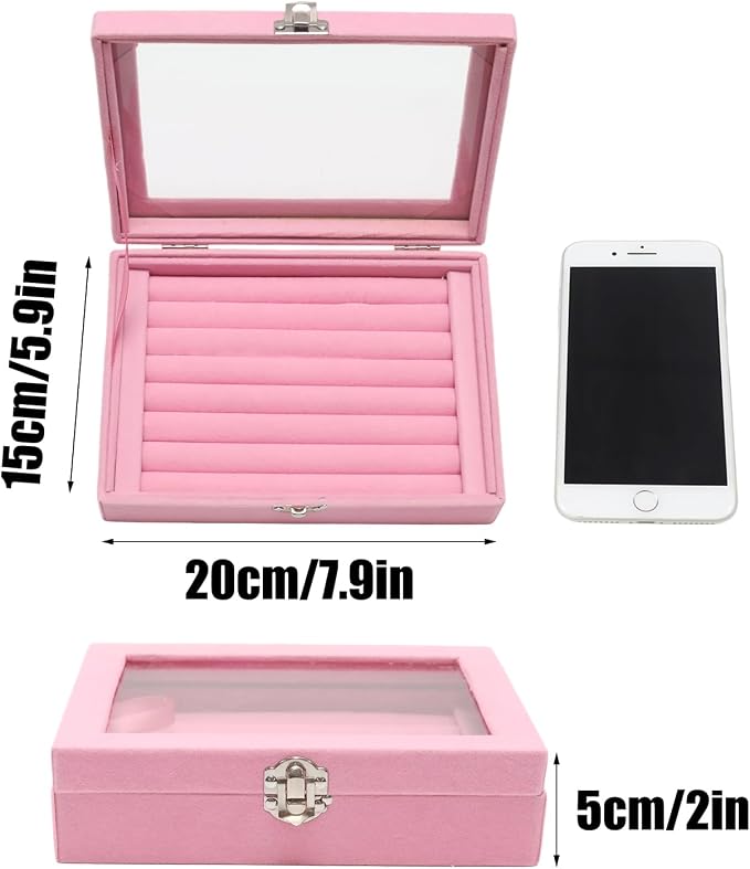 Small Velvet Jewelry Tray with Clear Lid, 8 Rolls Pink | Lockable Ring Earring - Image 2