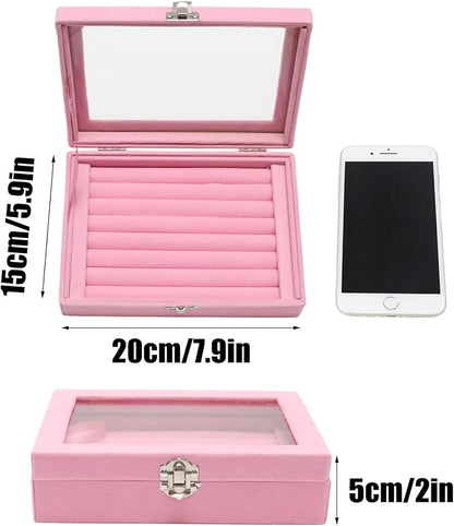 Small Velvet Jewelry Tray with Clear Lid, 8 Rolls Pink | Lockable Ring Earring - Image 2