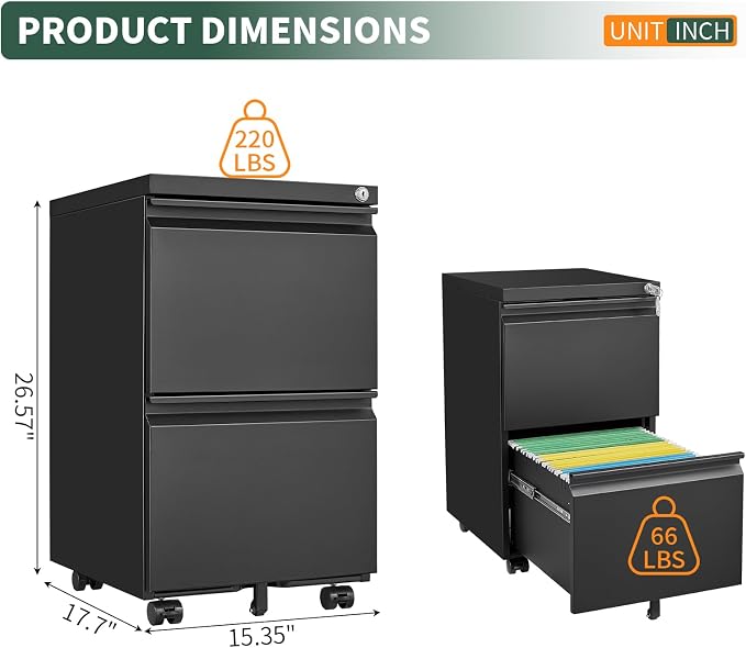2 Drawer File Cabinet with Lock, Under Desk Rolling Small Filing Cabinet - Image 2