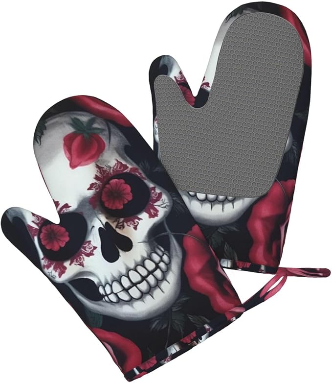 Rose Skull Eyes Print Oven Mitts Set of 2, Heat Resistant Silicone Oven Mittens - Image 3