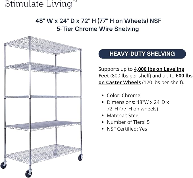 48"x24"x72" Prime Heavy Duty Chrome 5-Tier Steel Wire Shelving NSF 4000 LBS MAX - Image 4