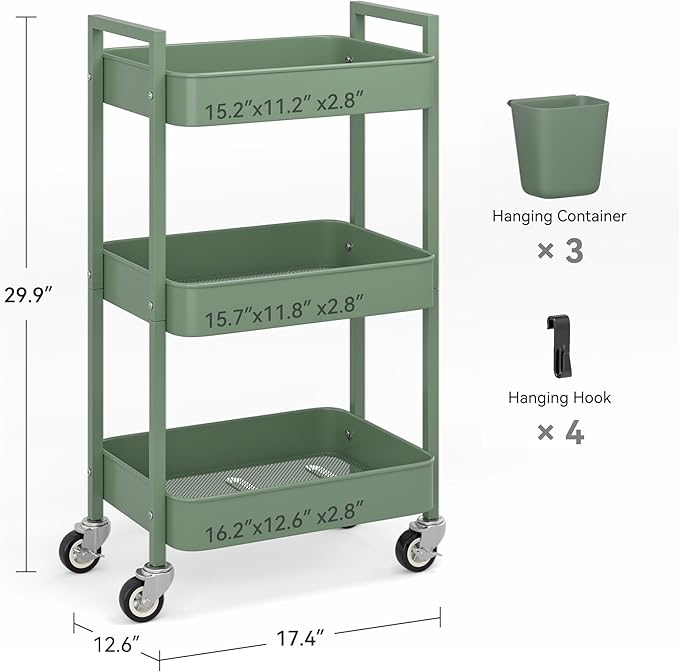 Nunsino 3 Tier Rolling Cart, Utility Cart - Image 4