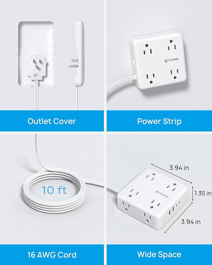 TROND Flat Power Strip with Outlet Cover - 10FT Long Extension Cord with 8 AC - Image 6