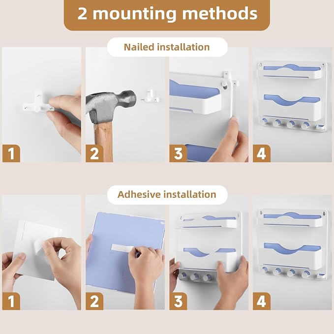 Bedside Wall Shelf with Glasses Hooks, Adhesive Bedside Organizer Wall Mount - Image 5