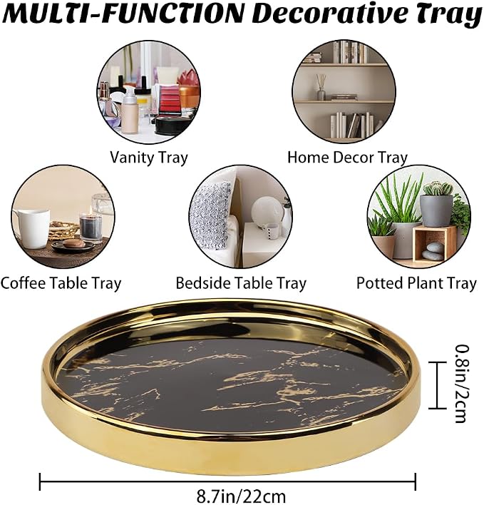 Small Round Black Decorative Tray – Marble Look Jewelry Dish, Perfume Organizer - Image 4