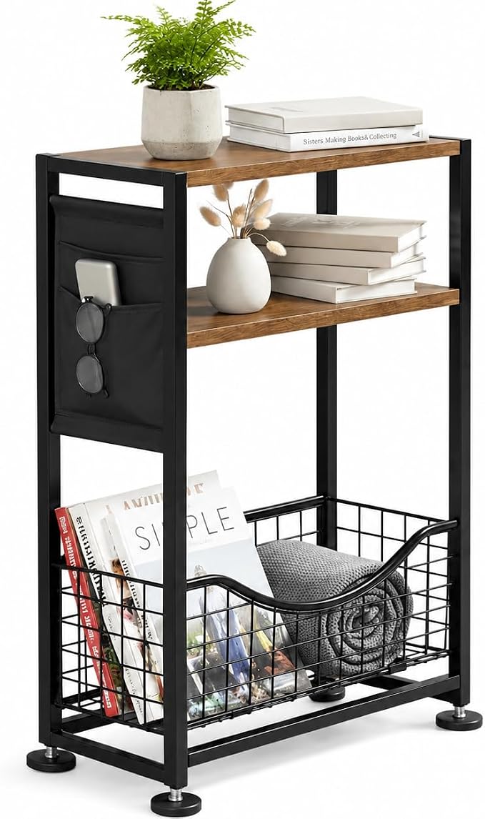 Skinny Side Table with Storage, 3 Tier Slim Side Tables by Zexvida