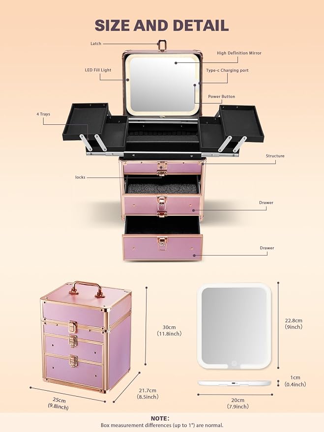 Qislee Makeup Box with Double Drawers and Four Trays, Detachable Lighted Mirror - Image 3