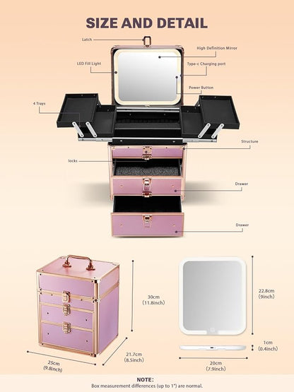 Qislee Makeup Box with Double Drawers and Four Trays, Detachable Lighted Mirror - Image 3