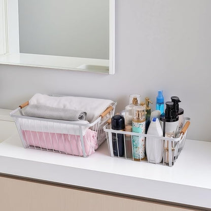 LeleCAT Wire Baskets with Wooden Handle, Metal Wire Storage Baskets Country - Image 6