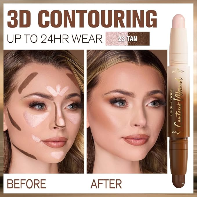 2Pcs Cream Contour Stick Face Body Makeup Dual Ended, Nuetral Nude Beige & - Image 3