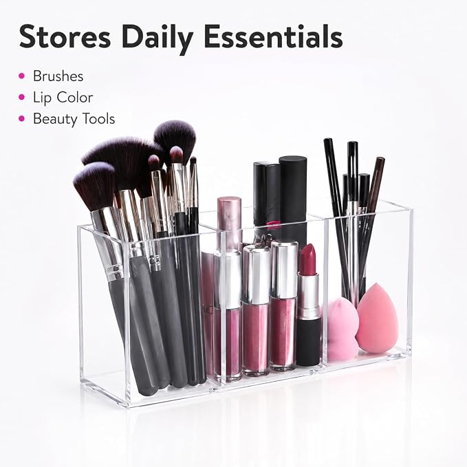 Tofficu Acrylic Makeup Brush Holder, 3 Compartment Clear Cosmetic Organizer - Image 6