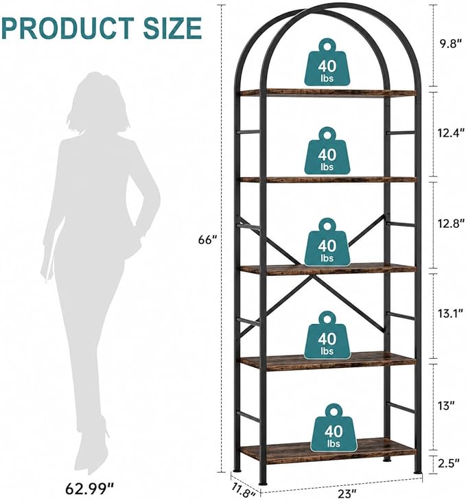 Shintenchi Bookshelf, Arched Bookshelf 5 Tier Bookcase, Tall Shelf - Image 2