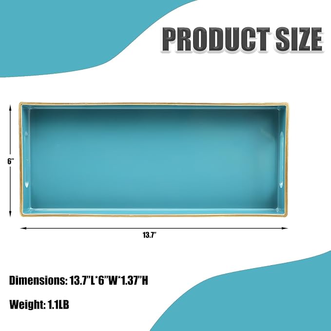 Teal Blue Vanity Tray with Handles, Decorative Tray Desktop Storage Organizer - Image 2