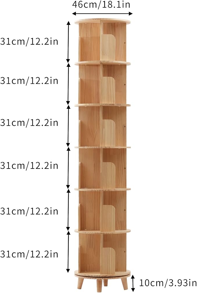 6 Tier Rotating Bookshelf 360 Degrees Free Standing Solid Wood Organizer - Image 3