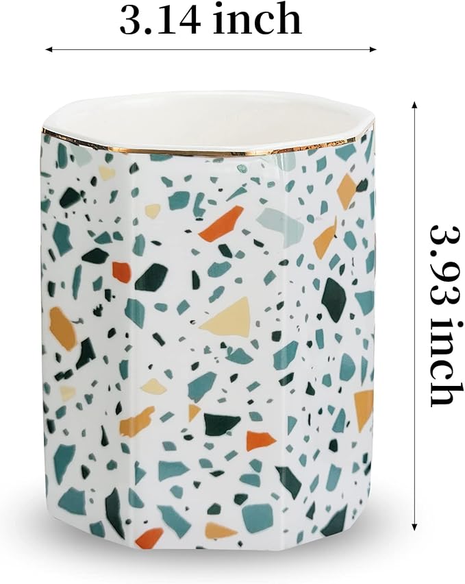 Pen Holder, Makeup Brush Holder Ceramic Shiny Gold Terrazzo Marble Stone - Image 7