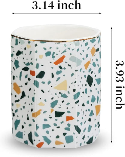 Pen Holder, Makeup Brush Holder Ceramic Shiny Gold Terrazzo Marble Stone - Image 7