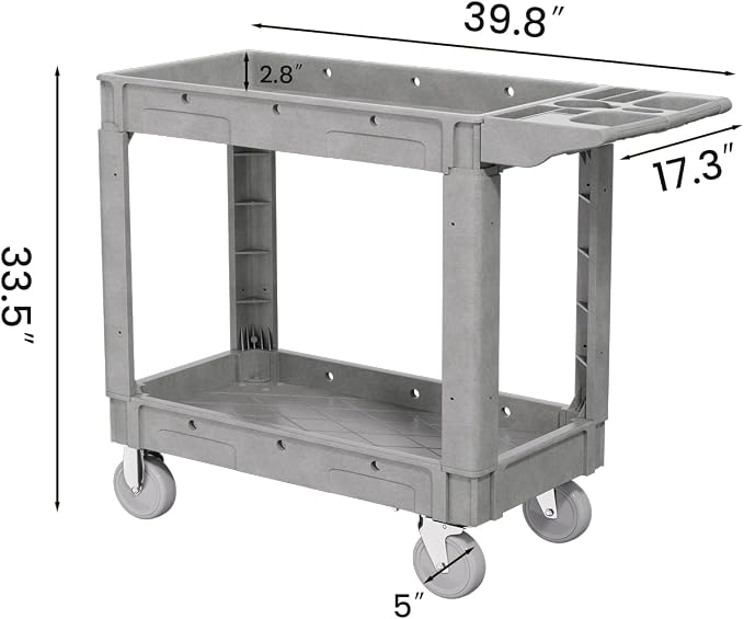 2 Tier Plastic Rolling Utility Cart on Wheels, Heavy Duty Tool Cart - Image 2