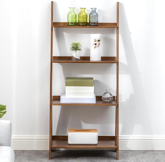 Maydear Bamboo Ladder Shelf Bookcase, 4-Tier Leaning Bookshelf Free Standing - Image 3