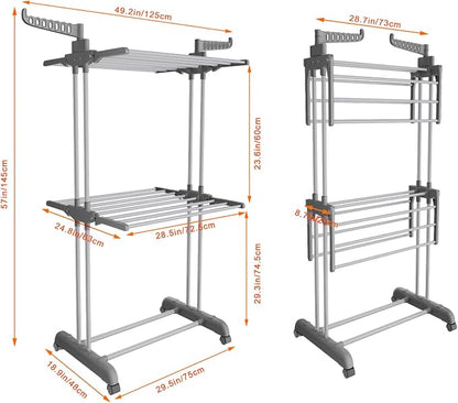 Bigzzia 3 Tier Clothes Drying Rack, 57 Inch Laundry Drying Rack, Foldable - Image 6