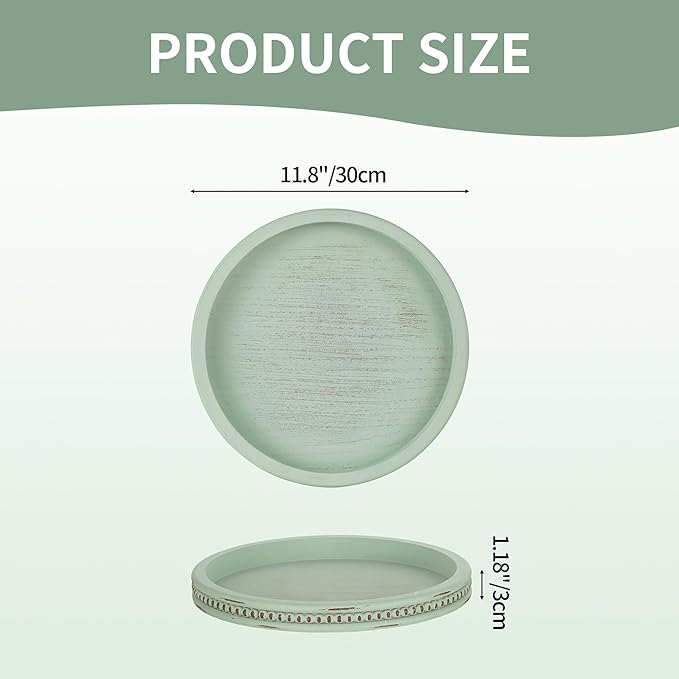 Hanobe Sage Green Decor Tray, Beaded Edge & Distressed Finish | 10.4" round - Image 3