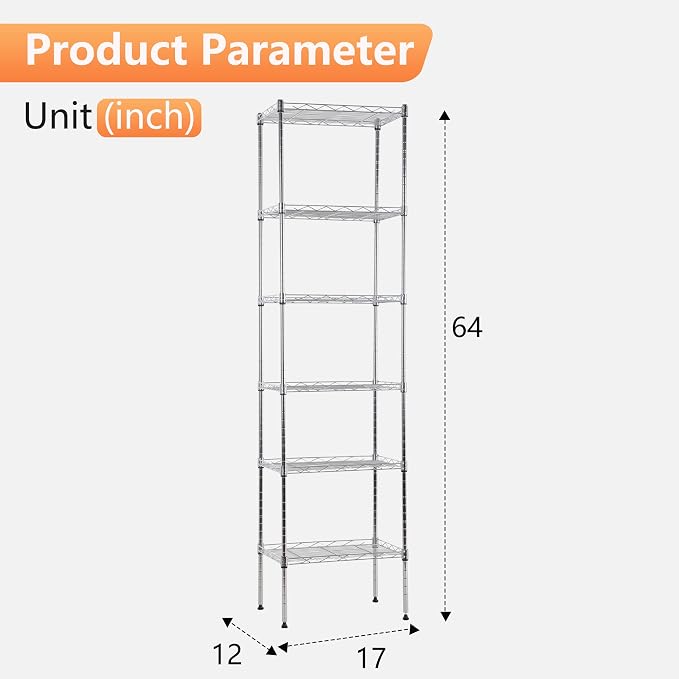FDW 6 Tier Wire Shelving 17L x 12W x 64H Pantry Shelves Storage Rack Shelving - Image 3