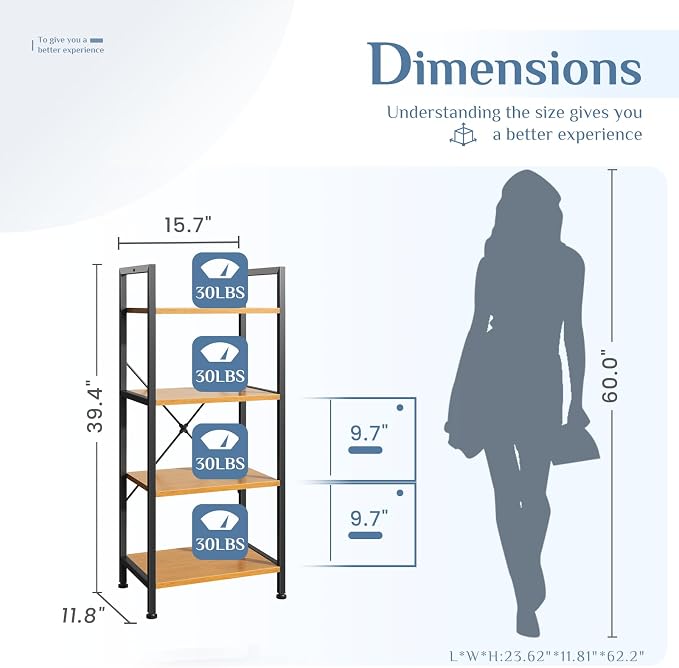 DUMOS 4 Tiers Open Bookshelf, Classic Freestanding Tall Display Shelf, Sturdy - Image 3